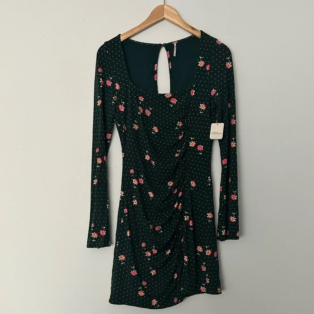 NWT! Free People Green Emerald Celia Floral Square Neck Long Sleeve Dress ♥️